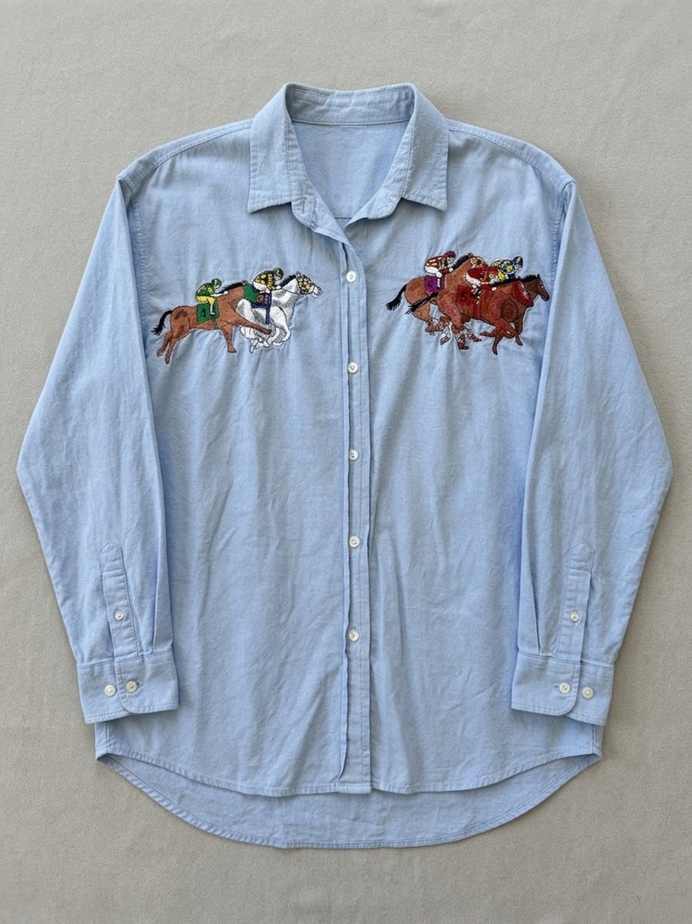 Vintage Casey Coleman Light Blue Embroidered Horse Racing Derby ButtonDown Shirt